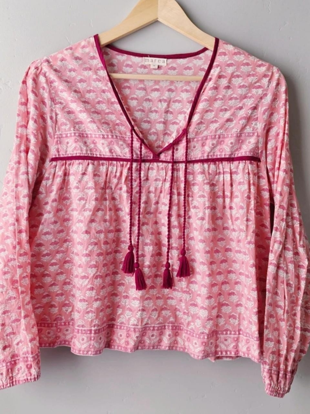 Marea pink boho long sleeve blouse with tassels size medium